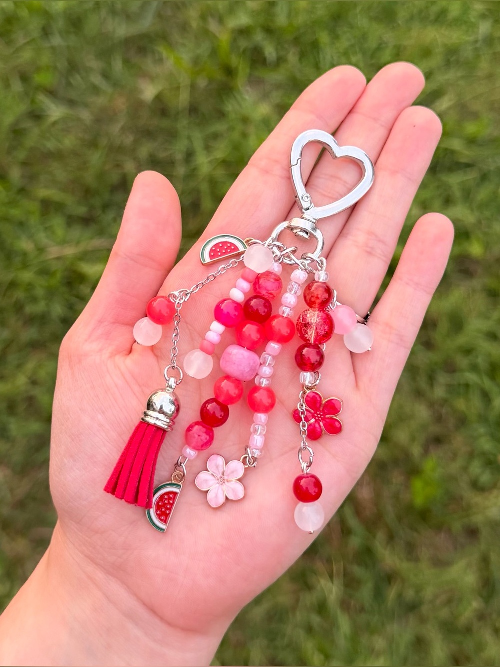 Handmade Beaded Watermelon Bag Charm & Heart Keychain | Pink Tassel